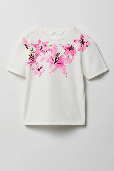T-shirt en coton lourd supérieur à imprimé Fleur pour fille
