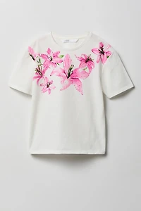 T-shirt en coton lourd supérieur à imprimé Fleur pour fille