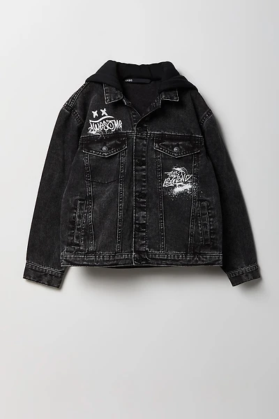 Boys Graphic Denim Jacket with Fleece Hood