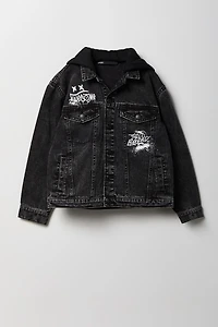 Boys Graphic Denim Jacket with Fleece Hood