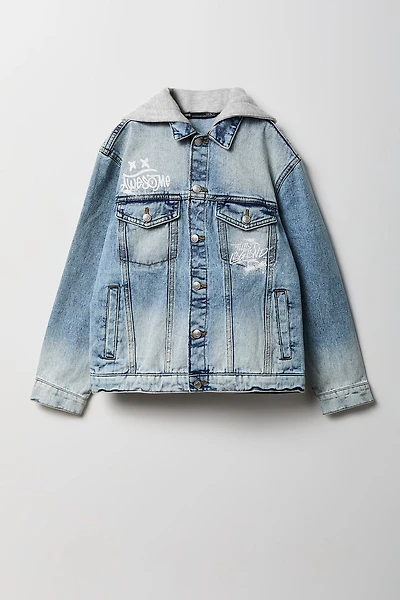 Blouson en denim imprimé avec capuchon molleton pour garçon
