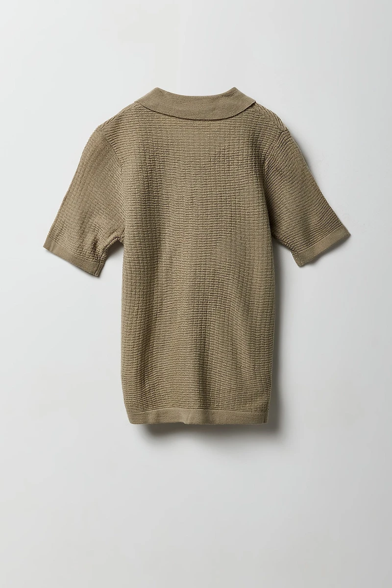 Boys Textured Knit Short Sleeve Button-Up Top