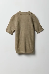 Boys Textured Knit Short Sleeve Button-Up Top