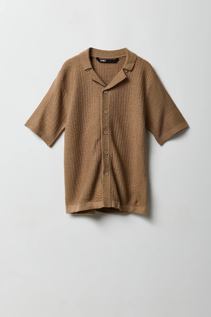 Boys Textured Knit Short Sleeve Button-Up Top