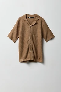 Boys Textured Knit Short Sleeve Button-Up Top
