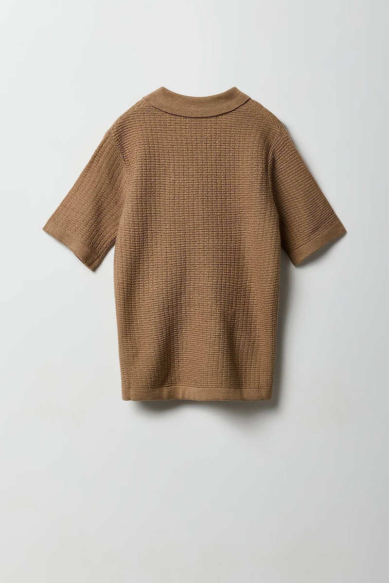 Boys Textured Knit Short Sleeve Button-Up Top