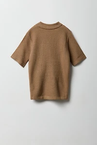 Boys Textured Knit Short Sleeve Button-Up Top