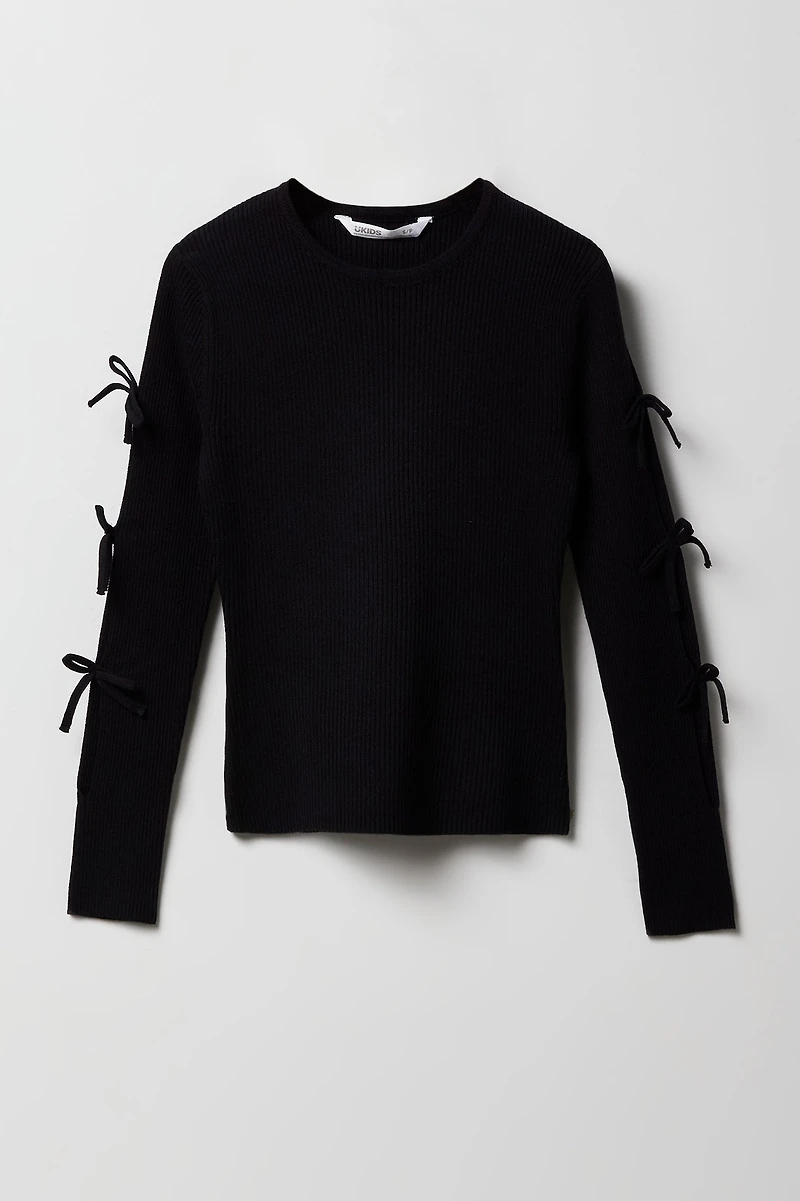 Girls Ribbed Bow Sleeve Sweater