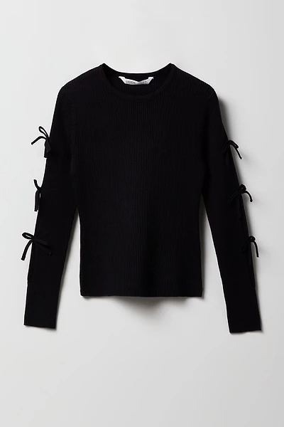 Girls Ribbed Bow Sleeve Sweater