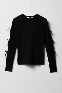 Girls Ribbed Bow Sleeve Sweater