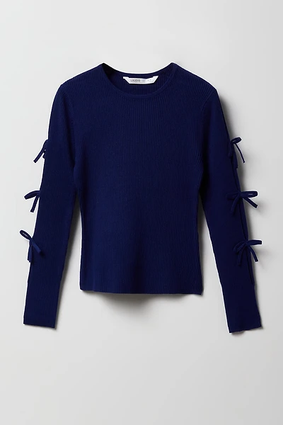 Girls Ribbed Bow Sleeve Sweater