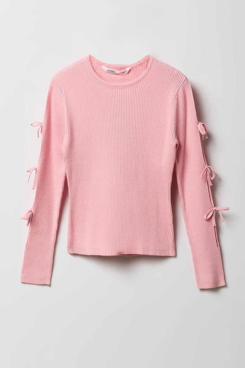 Girls Ribbed Bow Sleeve Sweater