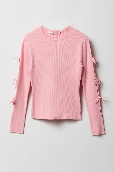 Girls Ribbed Bow Sleeve Sweater