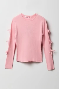 Girls Ribbed Bow Sleeve Sweater
