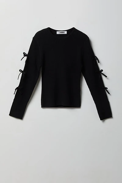 Girls Ribbed Bow Sleeve Sweater