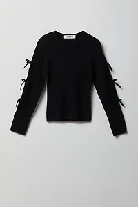 Girls Ribbed Bow Sleeve Sweater