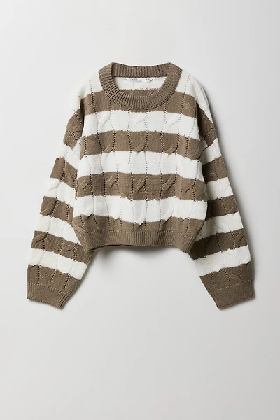 Girls Cable Knit Striped Sweater