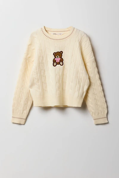 Girls Embroidered Cable Knit Sweater