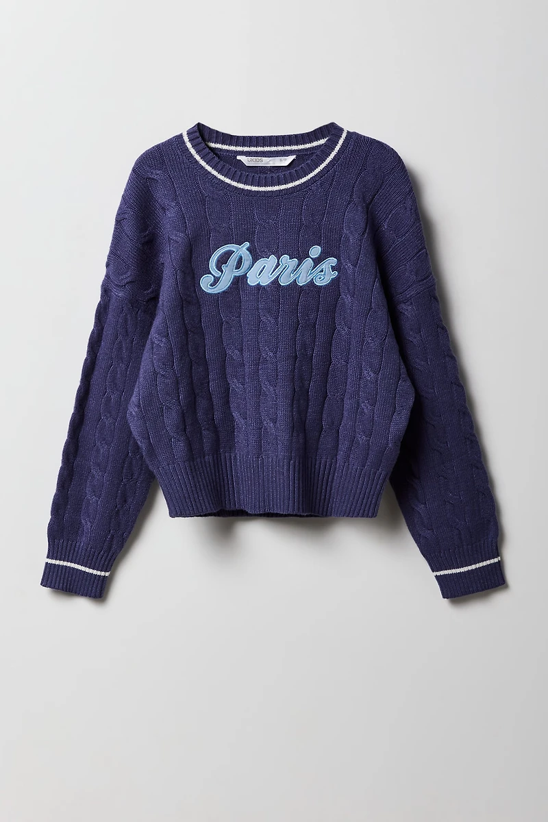 Girls Embroidered Cable Knit Sweater