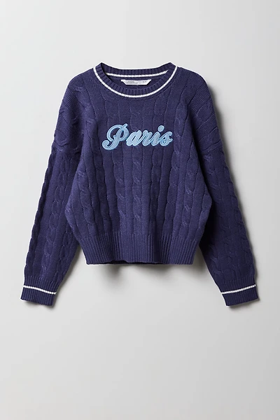 Girls Embroidered Cable Knit Sweater