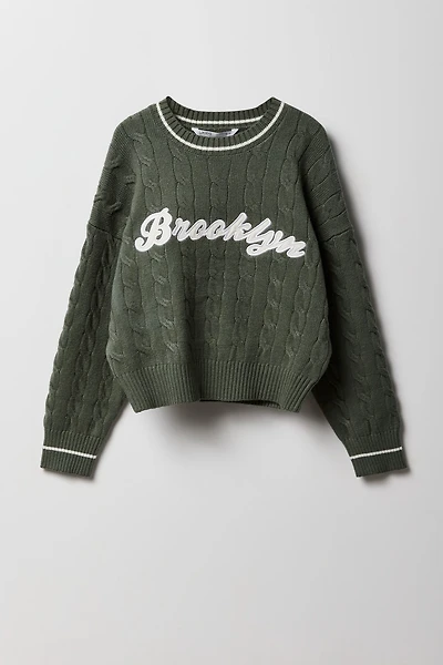 Girls Embroidered Cable Knit Sweater