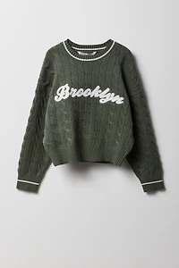 Girls Embroidered Cable Knit Sweater