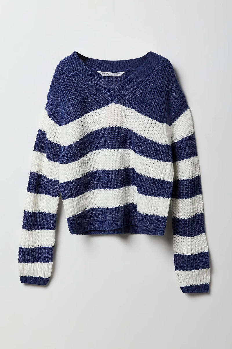 Girls Striped Knit V-Neck Sweater
