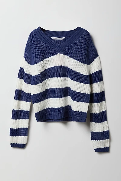 Girls Striped Knit V-Neck Sweater