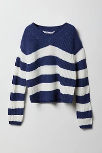 Girls Striped Knit V-Neck Sweater