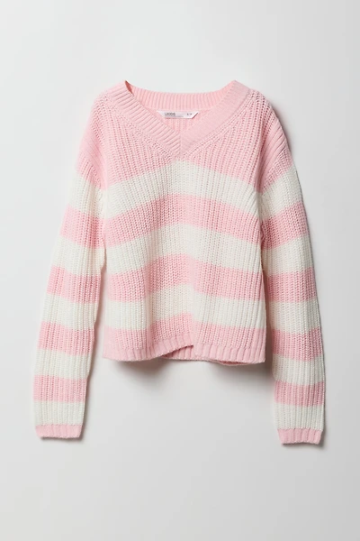 Girls Striped Knit V-Neck Sweater