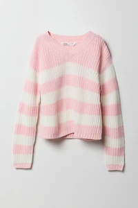 Girls Striped Knit V-Neck Sweater