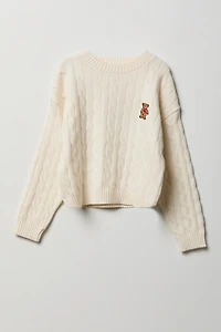 Girls Embroidered Cable Knit Sweater