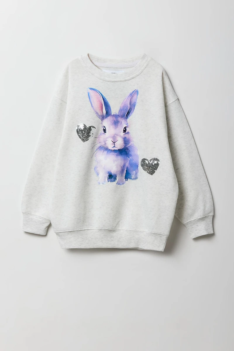 Chandail en molleton surdimensionné à imprimé de lapin et pierres du Rhin pour filles