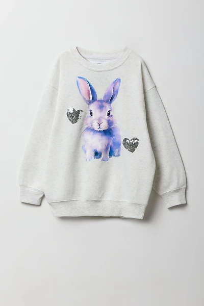Chandail en molleton surdimensionné à imprimé de lapin et pierres du Rhin pour filles