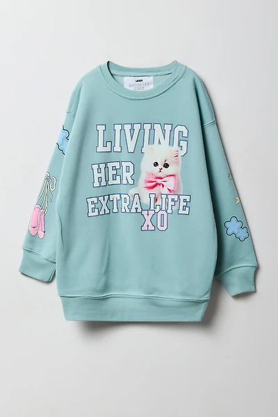 Girls Living Her Extra Life Graphic Oversized Fleece Sweatshirt