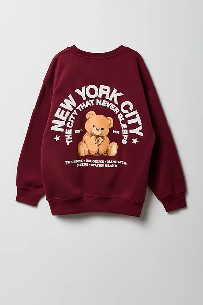 Girls NYC Teddy Puff Print Oversized Fleece Sweatshirt