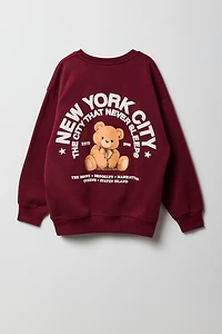Girls NYC Teddy Puff Print Oversized Fleece Sweatshirt