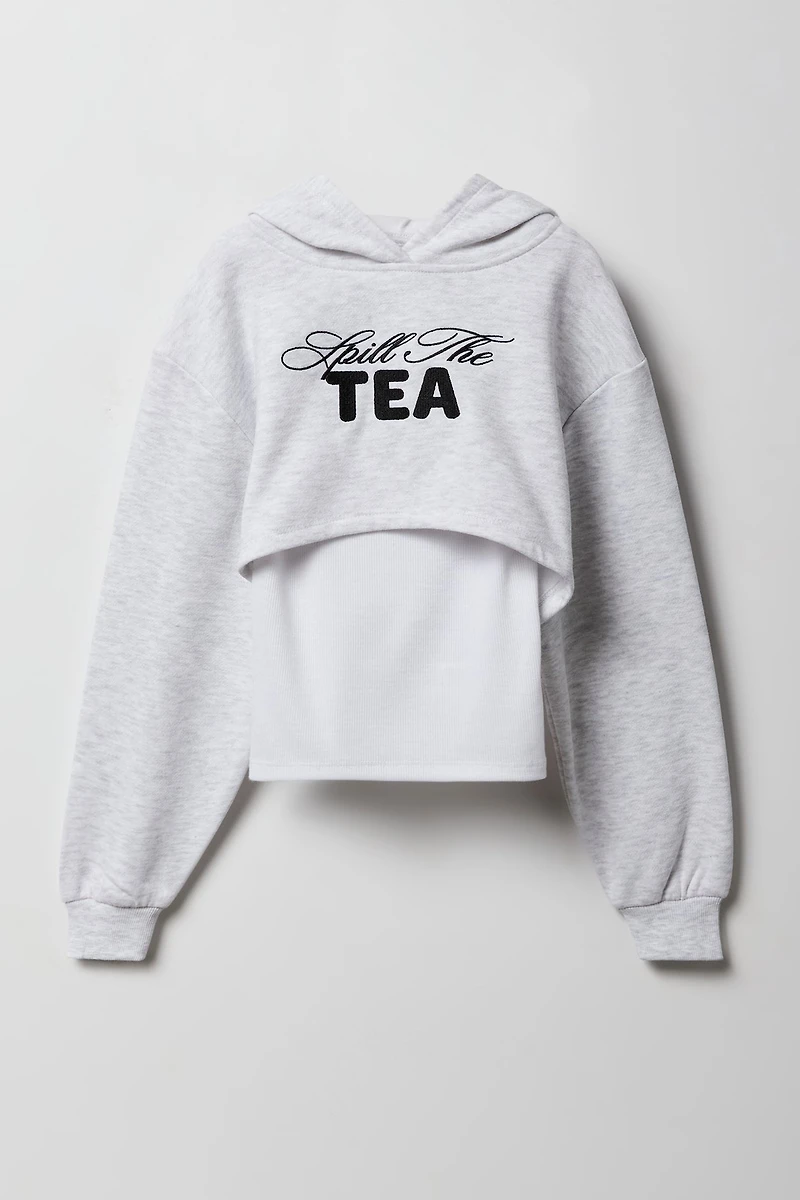 Girls Embroidered Cropped Fleece Hoodie & Tank 2 Piece Set