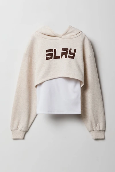 Ensemble 2 pièces haut à capuchon en molleton écourté et camisole imprimé Slay pour filles