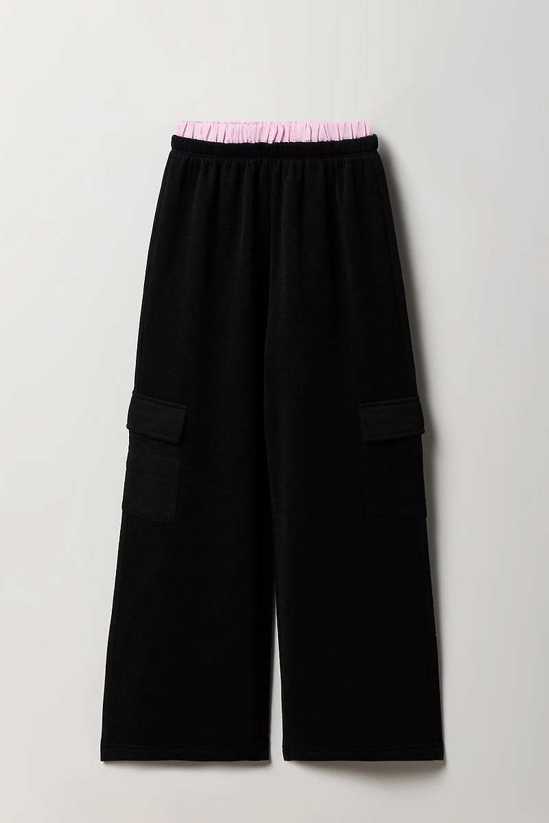 Girls Double Waistband Wide Leg Cargo Sweatpant