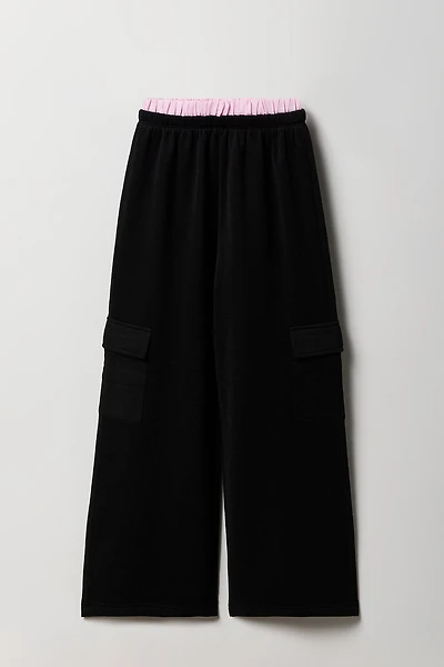 Girls Double Waistband Wide Leg Cargo Sweatpant