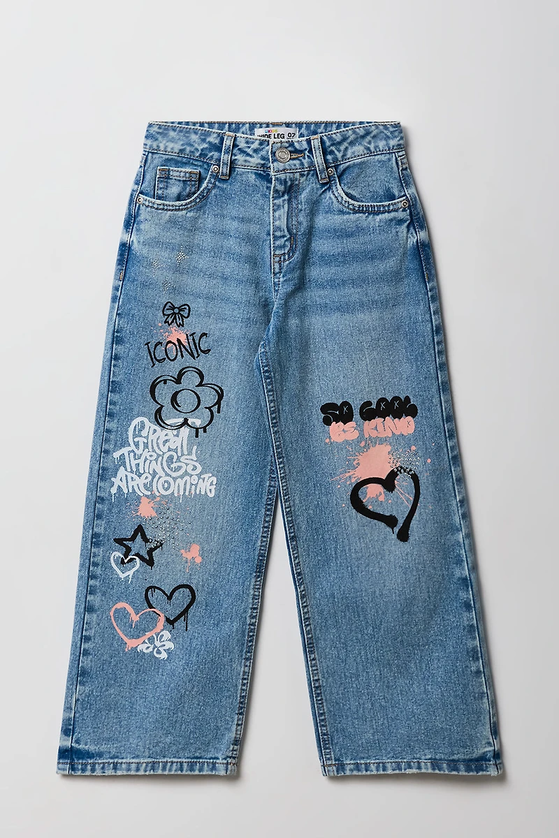 Jean mi-taille jambe large à imprimé graffiti pour filles
