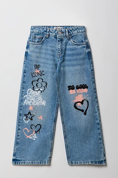 Jean mi-taille jambe large à imprimé graffiti pour filles