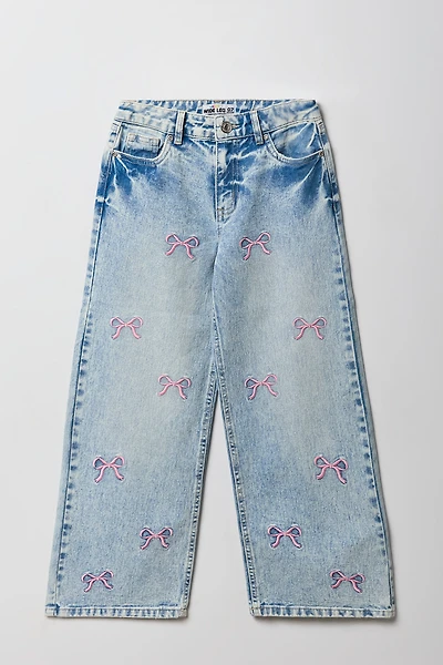 Girls Bow Embroidered Mid Rise Wide Leg Jean