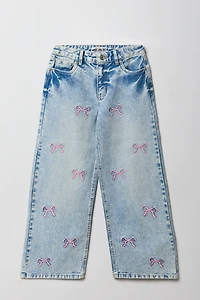 Girls Bow Embroidered Mid Rise Wide Leg Jean