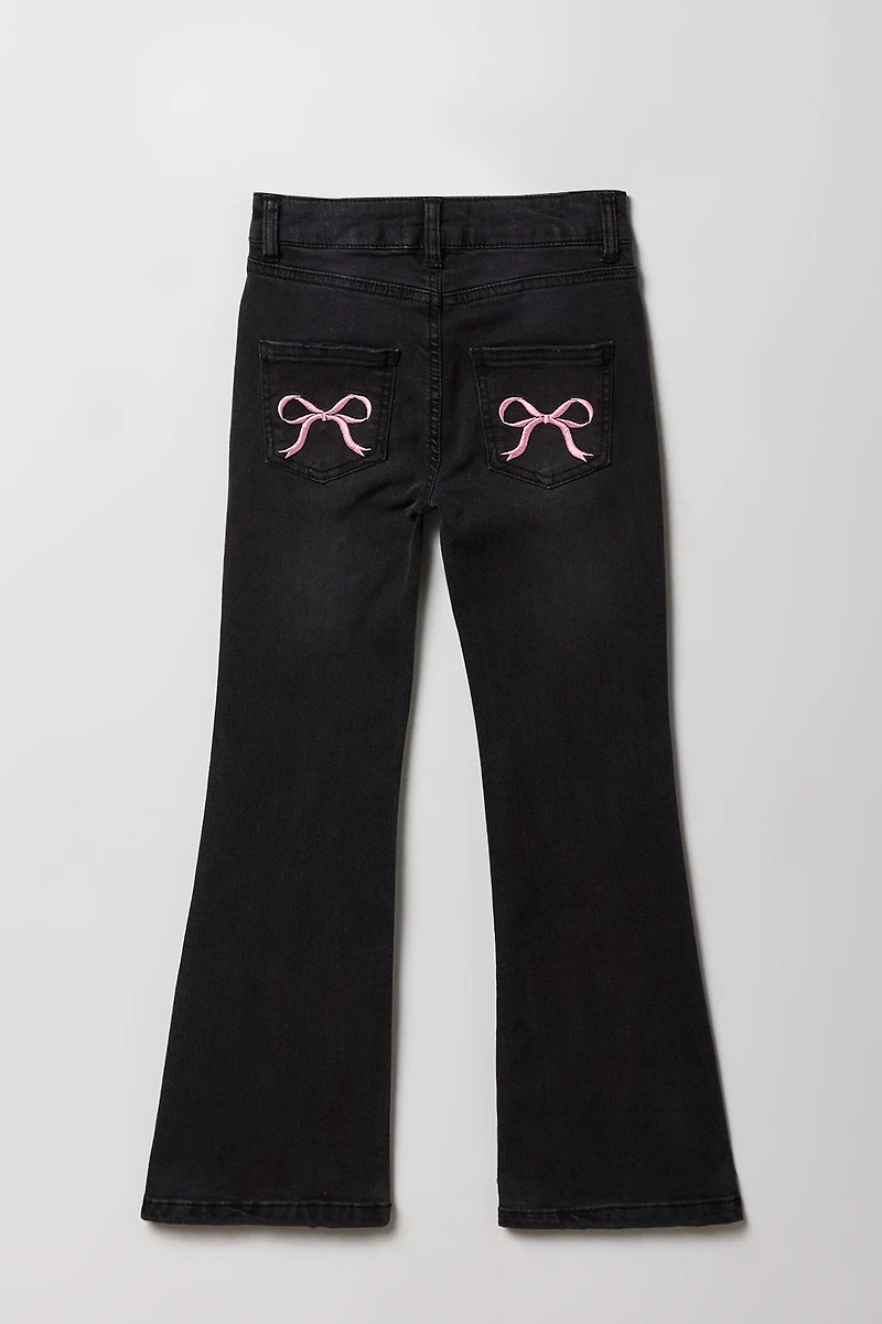 Girls Bow Embroidered Pocket Flare Jean