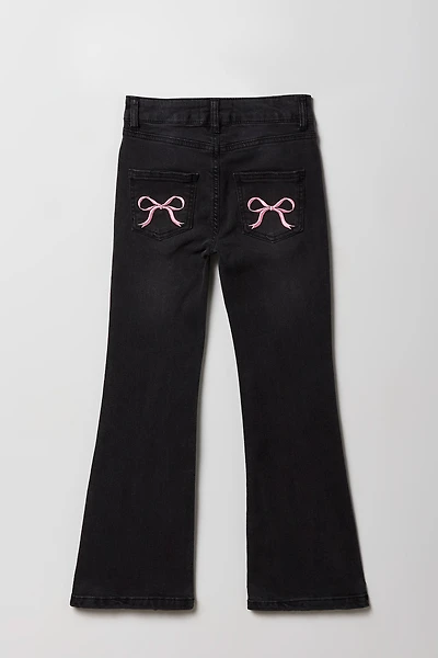 Girls Bow Embroidered Pocket Flare Jean