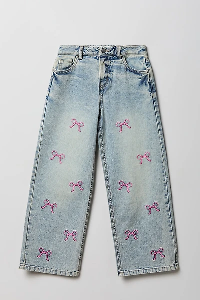 Girls Bow Embroidered Mid Rise Baggy Wide Leg Jean