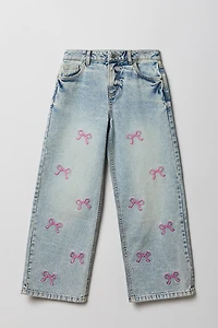 Jean baggy mi-taille à jambe large avec motif brodé de boucle pour fille