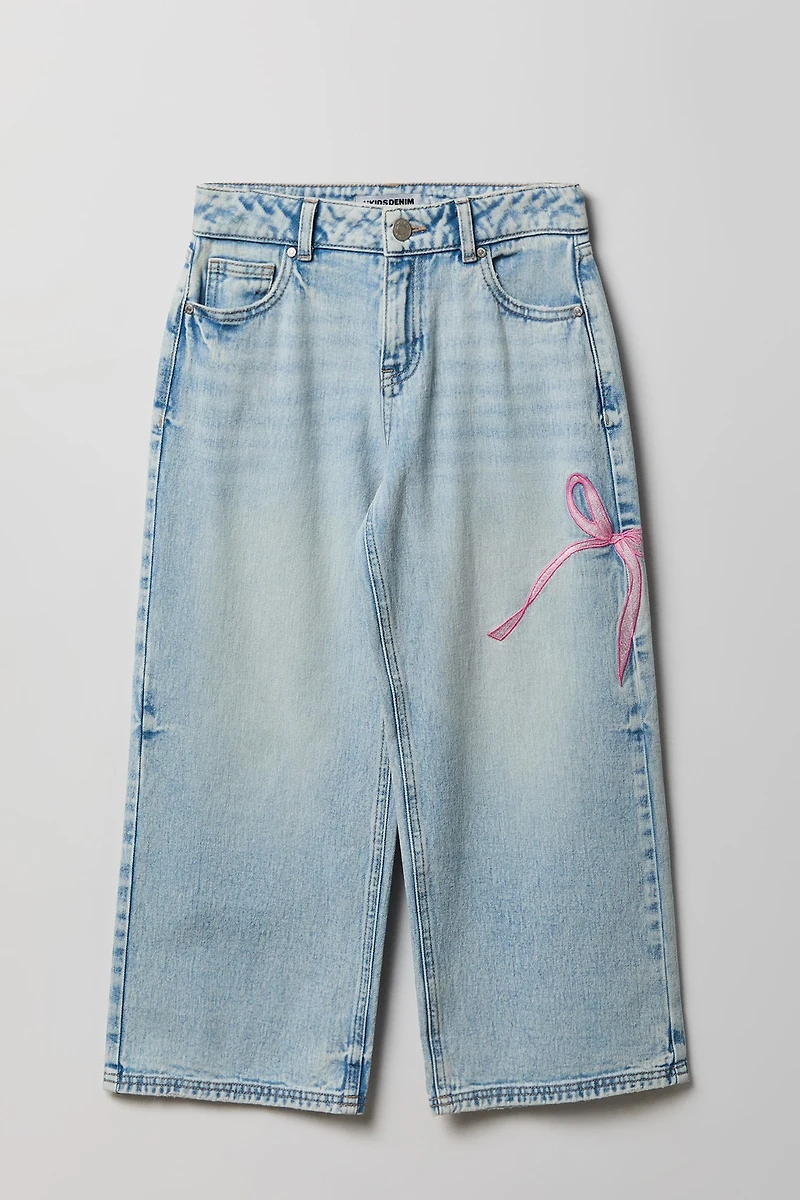 Girls Bow Embroidered Mid Rise Super Baggy Jean